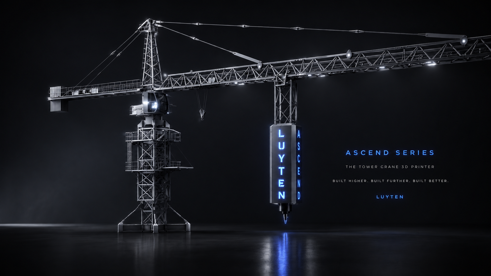 Luyten Ascend Series tower crane 3D printer with blue illumination against dark background