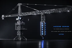 Luyten Ascend Series tower crane 3D printer with blue illumination against dark background