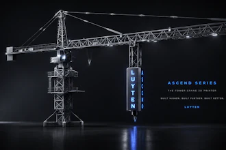 Luyten Ascend Series tower crane 3D printer with blue illumination against dark background