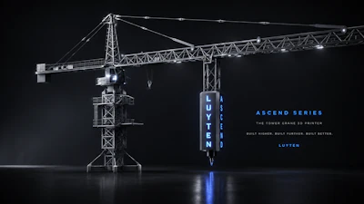 Luyten Ascend Series tower crane 3D printer with blue illumination against dark background