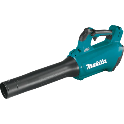 Makita cordless leaf blower with teal housing and black nozzle, featuring trigger handle and battery-powered design