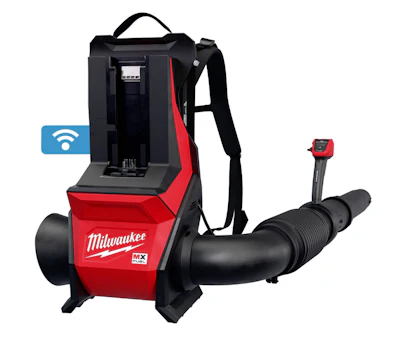 Milwaukee MX backpack leaf blower with red and black design, featuring WiFi connectivity indicator and shoulder straps