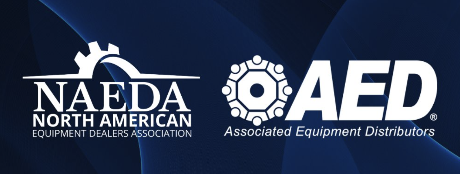 NAFDA and AED organizational logos with gear symbols on dark blue background