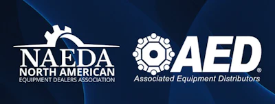 NAFDA and AED organizational logos with gear symbols on dark blue background