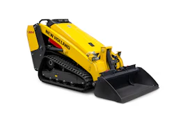 Yellow New Holland skid steer loader with black rubber tracks and front bucket attachment