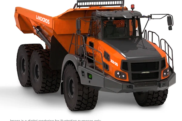 Orange and black Landcros articulated dump truck with six wheels and roof rack, shown in three-quarter view