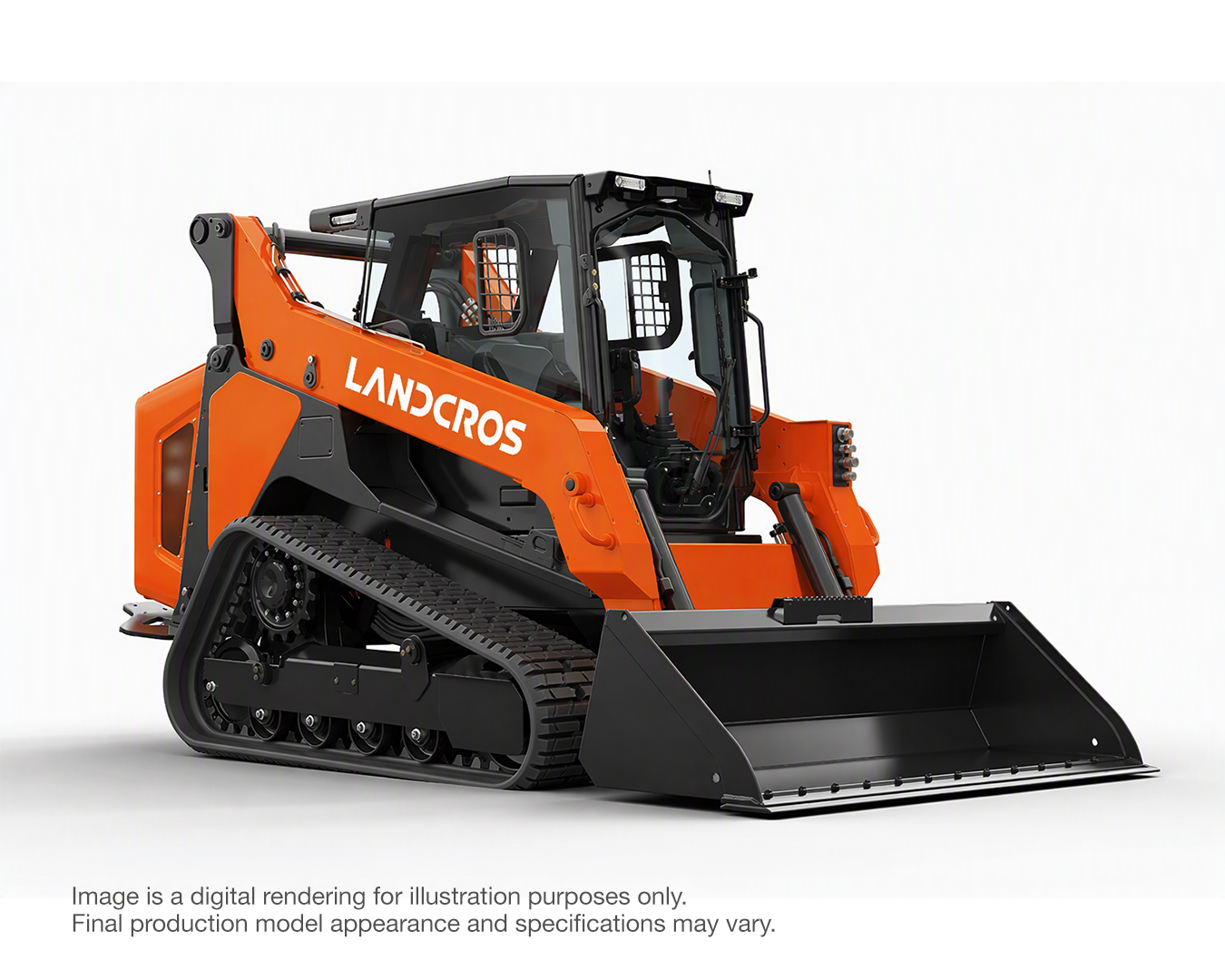 Orange and black digital rendering of a Landcros compact track loader with bucket attachment on white background