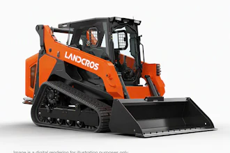 Orange and black digital rendering of a Landcros compact track loader with bucket attachment on white background