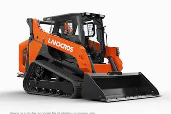 Orange and black digital rendering of a Landcros compact track loader with bucket attachment on white background