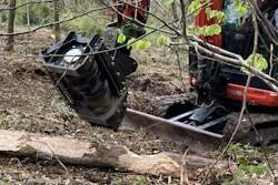 Heavy forestry equipment with grapple bucket attachment sorting logs in wooded area