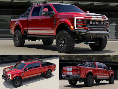 Red 2026 Shelby Ford F-250 Super Baja pickup truck shown from front, side, and rear angles with lifted suspension and custom styling