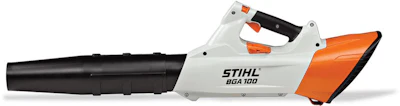 STIHL BGA 100 cordless leaf blower with white and orange body and black handle