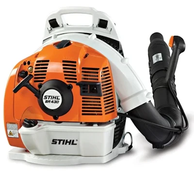 STIHL BR 600 backpack blower in orange and white with black carrying straps and nozzle attachment