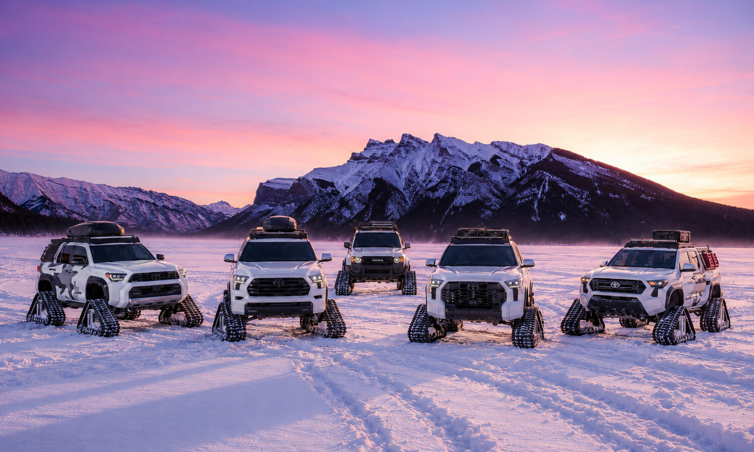 Five white Toyota pickup trucks and SUVs with tracks instead of wheels lined up on a frozen lake at sunset with snow-capped mountains in the background