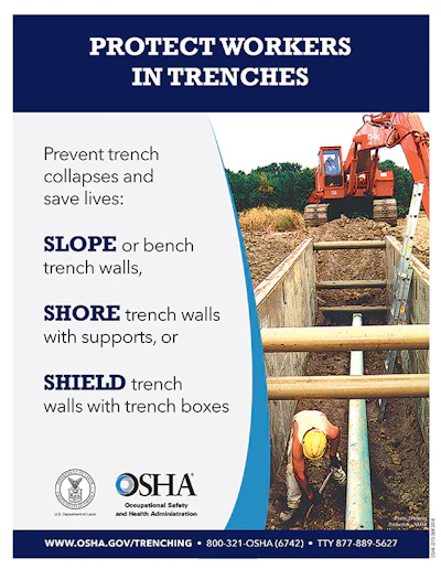 OSHA safety poster showing trench protection methods with worker in excavation and heavy equipment