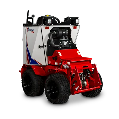 Ventrac 3S red and white articulated loader with black tires and dual hydraulic systems