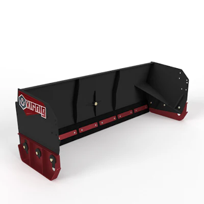 Black and red snow plow pusher box attachment with WHILE branding and adjustable blade system