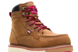 Tan leather work boot with burgundy laces and cream-colored sole, featuring Wolverine branding