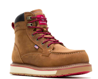 Tan leather work boot with burgundy laces and cream-colored sole, featuring Wolverine branding