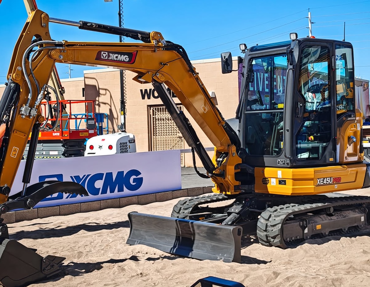 Yellow XCMG 4.8-metric-ton XE45U Pro mini excavator with hydraulic arm and bucket displayed at ConExpo 2026