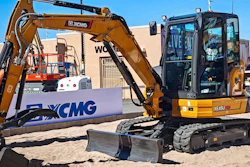 Yellow XCMG 4.8-metric-ton XE45U Pro mini excavator with hydraulic arm and bucket displayed at ConExpo 2026